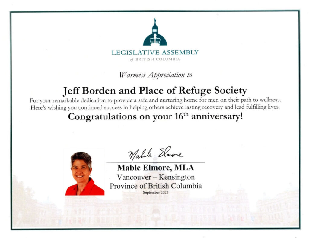 Certificate of Appreciation recognizing the valuable community work of Place of Refuge